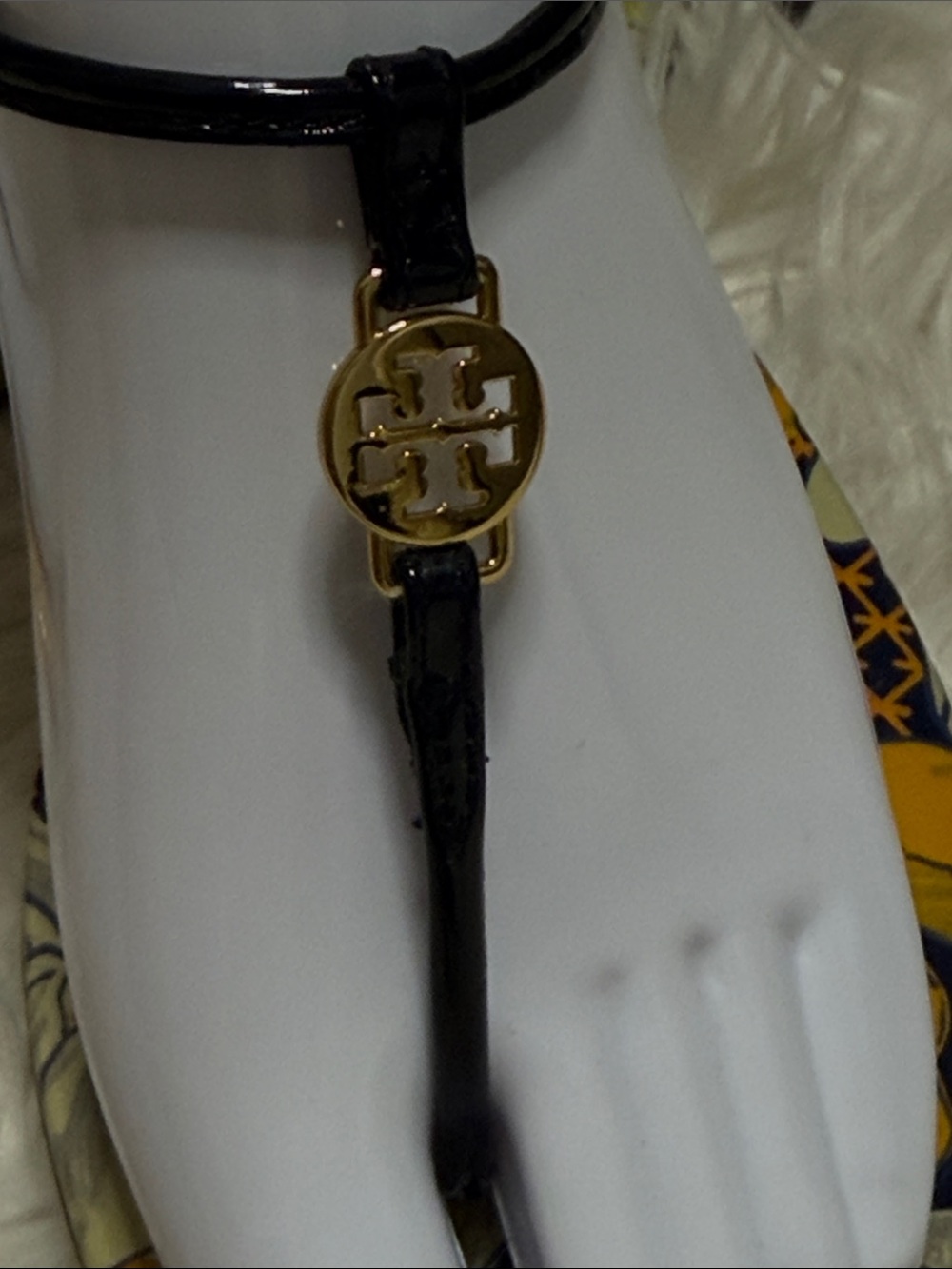 Tory Burch Black Patent T-Strap Sandal with Gold Logo Accent 9.5 (runs like 9.0)